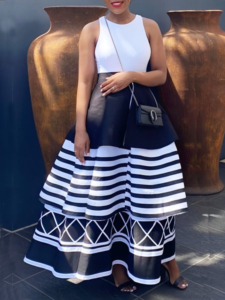 

Crew Neck Geometric Print Vacation Dress, Black, Maxi Dresses