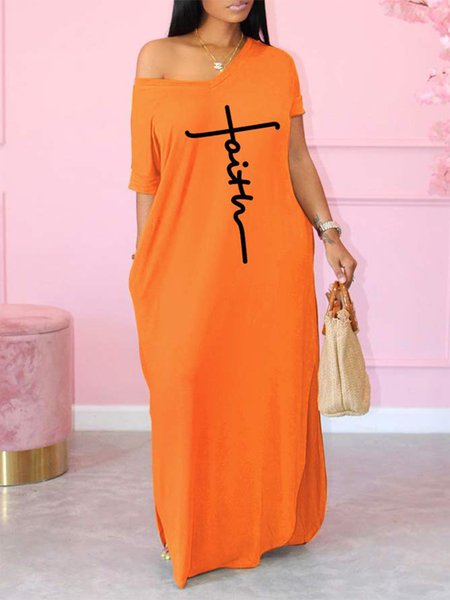 

V Neck Casual Loose Short Sleeve Maxi Dress, Orange, Maxi Dresses