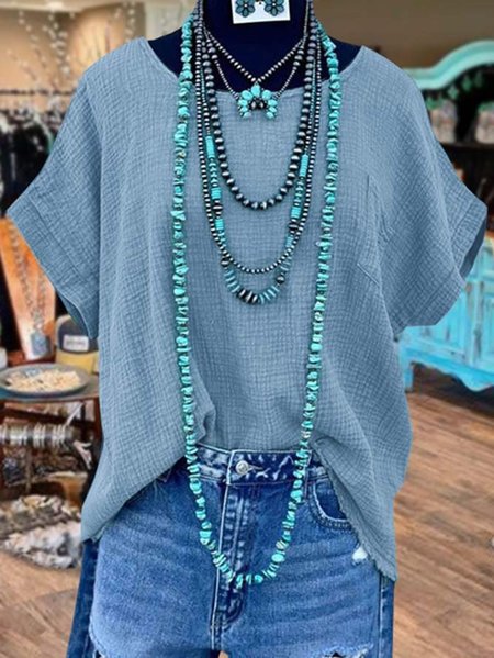 

Womens Short Sleeve Casual Plain Shirt, Blue, Shirts & Blouses