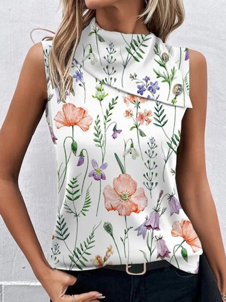 

Simple Floral Regular Fit Tank Top, White, Tanks & Camis
