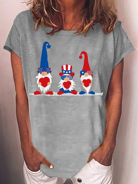 

Women's Gnome US American Flag Happy 4th Of July Independence Day Casual Crew Neck Text Letters T-Shirt, Gray, T-shirts