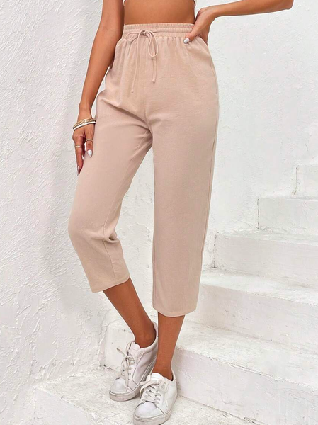 

Plain Linen Loose Solid Drawstring Waist Pants, Apricot, Pants