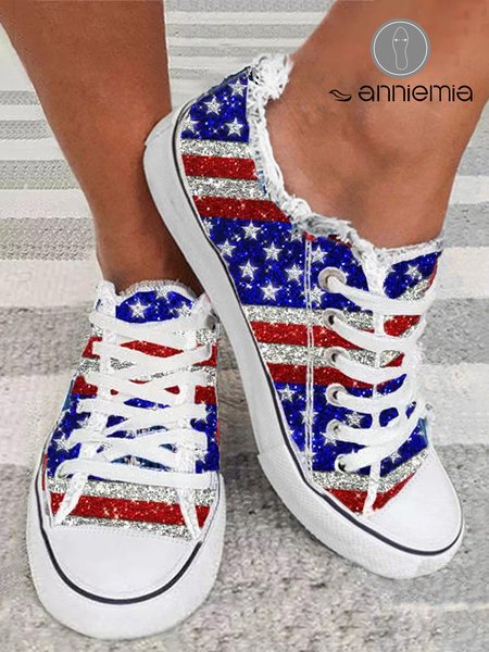 

America Flag Printed Fringe Lace-Up Canvas Shoes, Red-blue, Sneakers