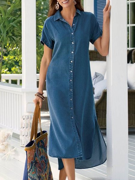 

Casual Denim Plain Shirt Collar Shirt Dress, Blue, Midi Dresses