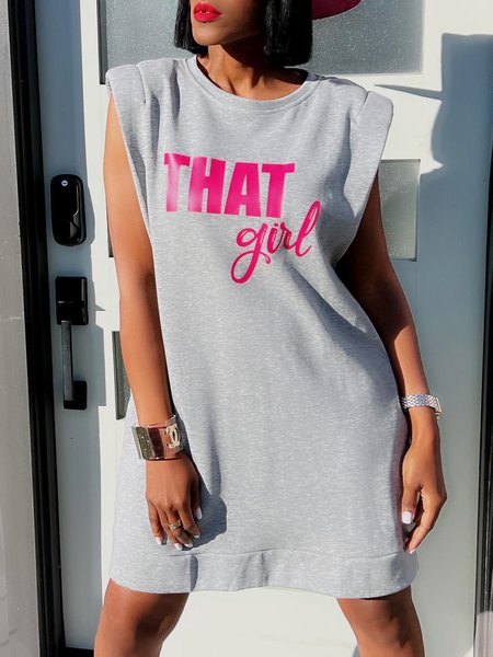 

Crew Neck Casual Letter Pattern Loose Dress, Gray, Mini Dresses
