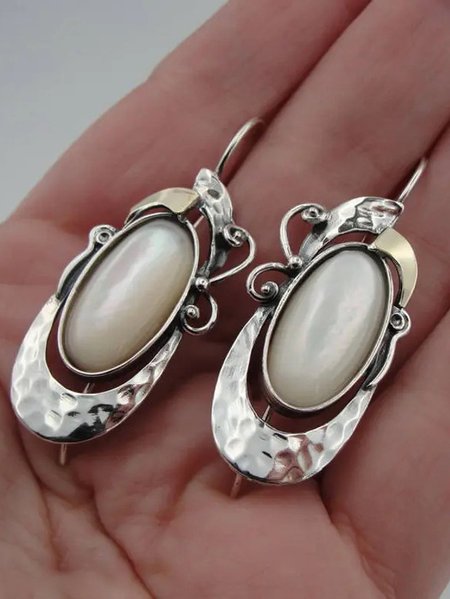 

Vintage Silver Metal Distressed Opal Moonstone Earrings Ethnic Casual Women's Jewelry, White, Earrings