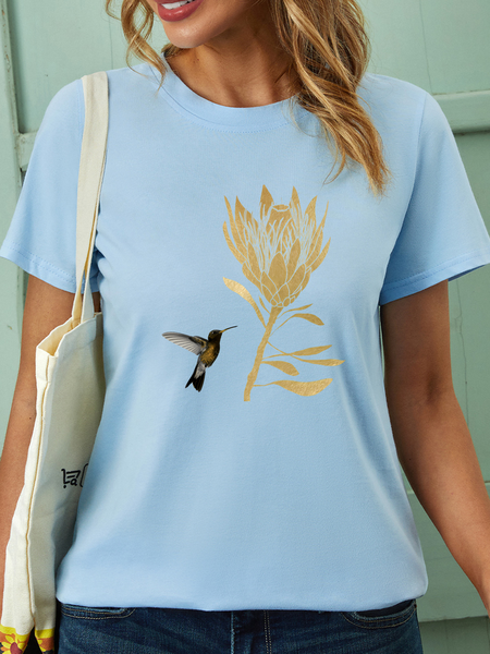 

Women’s Golden Flower And Hummingbird Crew Neck Cotton Casual T-Shirt, Light blue, T-shirts