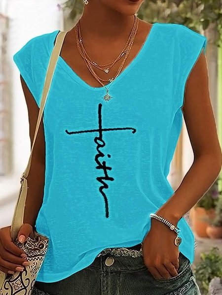 

Loose Casual Faith V Neck Tank Top, Blue, Tanks & Camis