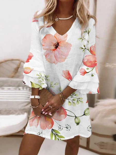 

V Neck Floral Casual Dress, White, Dresses
