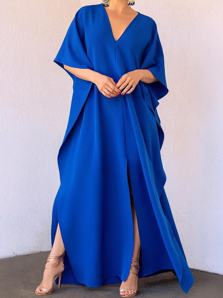 

Plain Loose Urban V neck Short sleeve Maxi Dress With No, Blue, Maxi Dresses