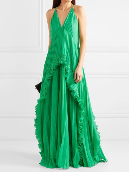 

Party Vintage V Neck Chiffon Dress, Green, Maxi Dresses
