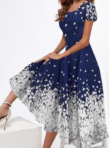 

Floral Square Neck Regular Fit Elegant Dress, Dark blue, Formal Dresses