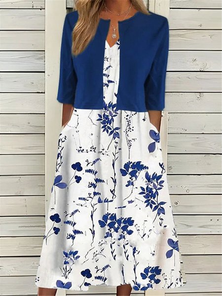 

Floral Casual V Neck Two-Piece Set, Blue, Suit Set