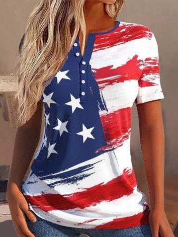 

Casual Loose Crew Neck America Flag Shirt, Red-blue, Shirts & Blouses