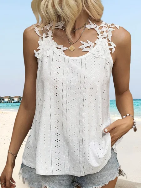 

Casual Spaghetti Lace Guipure Lace Panel Eyelet Embroidery Tank Top, White, Tanks & Camis