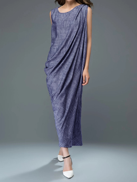 

Loose Crew Neck Sleeveless Urban Loose Denim Dress With No Belt, Denim blue, Maxi Dresses