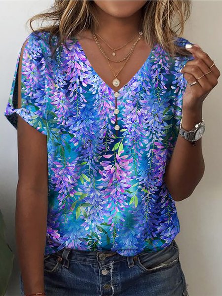 

Casual Floral Print Cut Out Twist Detail Sleeve V Neck T-Shirt, Blue, T-shirts