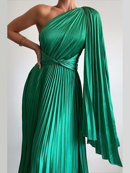 

One Shoulder Elegant Plain Wedding Guest Dress, Green, Maxi Dresses