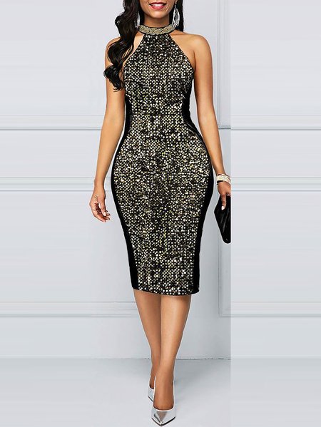 

Party Halter Vintage Plain Dress, As picture, Midi Dresses