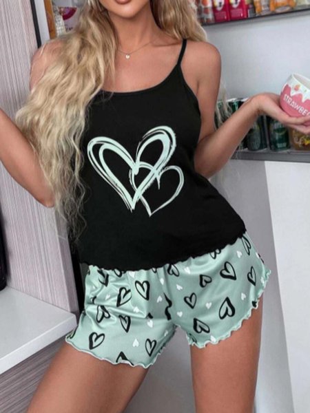 

Heart Printing Casual Pajama Set, Green, Loungewear & Sleepwear
