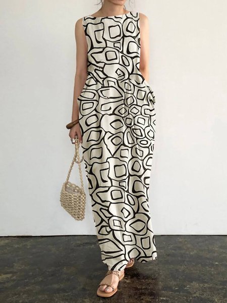 

Abstract Print Crew Neck Sleeveless Dress, White, Maxi Dresses