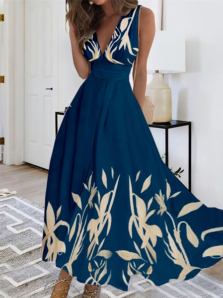 

Summer Casual Leaf V Neck Dress, Dark blue, Formal Dresses