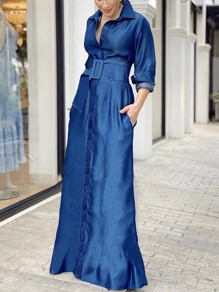 

Shirt Collar Regular Fit Casual Faux Denim Dress With Belt, Blue, Maxi Dresses