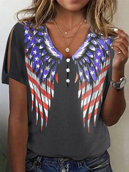 

Knitted Loose Independence Day Casual T-Shirt, Black, T-Shirts