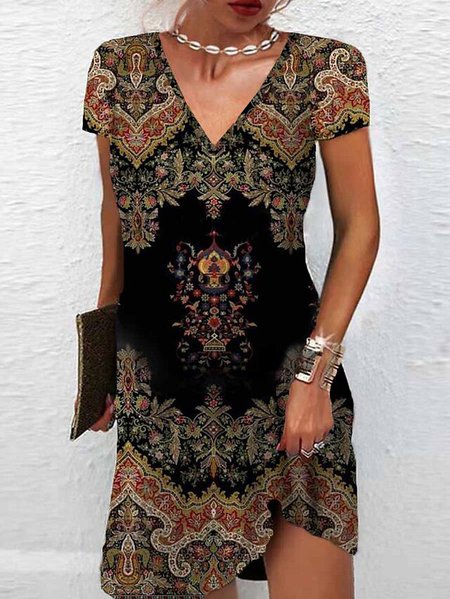 

Loose Ethnic V Neck Casual Dress, Black, Elegant Dresses
