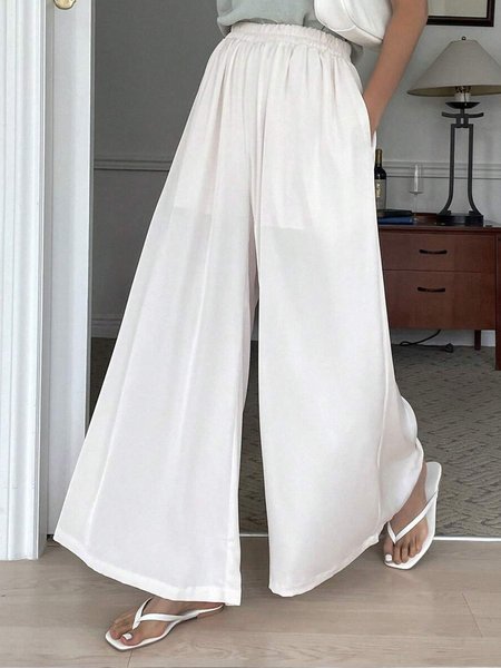 

Plain Loose Casual Solid Wide Leg Pants, White, Pants