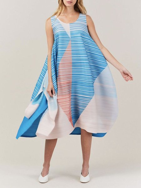 

Crew Neck Loose Vacation Dress With No, Blue, Midi Dresses