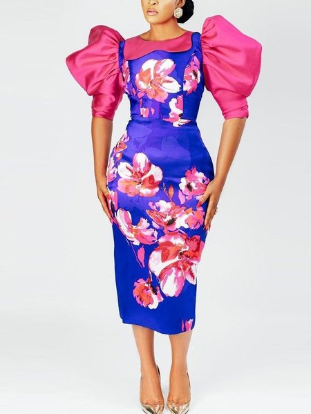 

Party Vintage Satin Floral Tight Dress, As picture, Midi Dresses