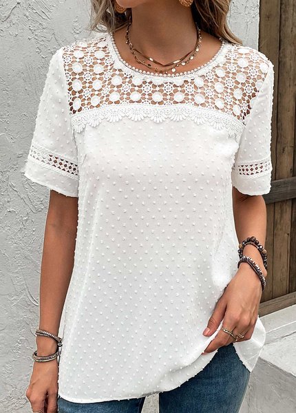 

Plain Crew Neck Lace Simple Shirt, White, Shirts & Blouses