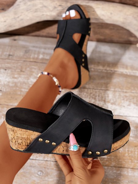 

Vintage Cutout Rivet Wedge Heel Slide Sandals, Black, Sandals