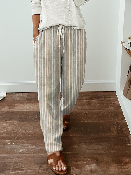 

Women Casual Loose Pockets Striped Pants, Khaki, Pants