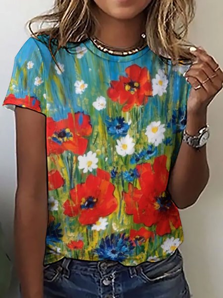 Women's Wild Flower Crew Neck Casual T-Shirt, Red, T-shirts