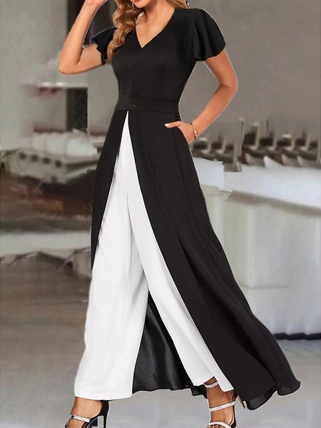 

Regular Fit Plain V Neck Urban Two-Piece Set, Black, Basic Dresses