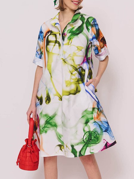 

Shirt Collar Loose Abstract Print Shirt Dress, White, Mini Dresses