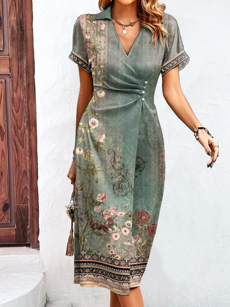 

Buttoned Ethnic Floral Casual Dress, Green, Dresses