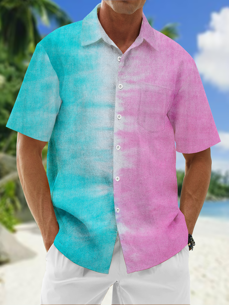 

Color Block Chest Pocket Short Sleeve Resort Shirt, Red-blue, Men Shirts