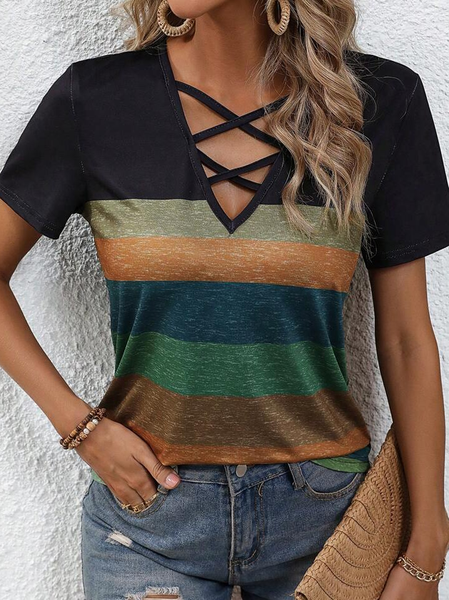 

V Neck Casual Geometric Loose T-Shirt, Black, T-Shirts
