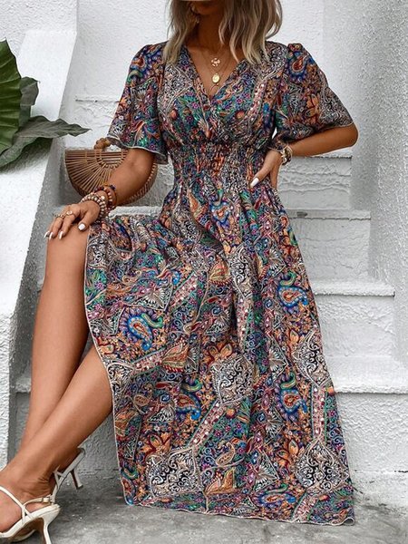 

Loose Scramble Vacation Ethnic Dress, Multicolor, Dresses