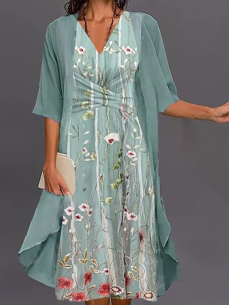 

Floral Loose Casual V Neck Two-Piece Set, Green, Dresses