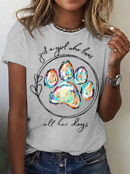 

Women's Cotton Dog Paw Dog Lover Print Crew Neck Casual T-Shirt, Gray, T-shirts