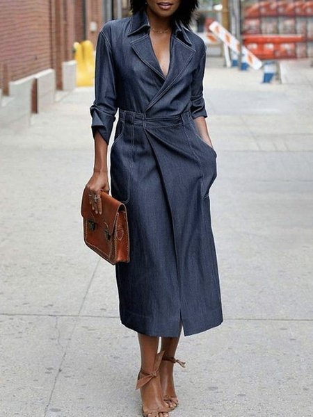 

Urban Plain Shawl Collar Denim Dress, Grey-blue, Midi Dresses