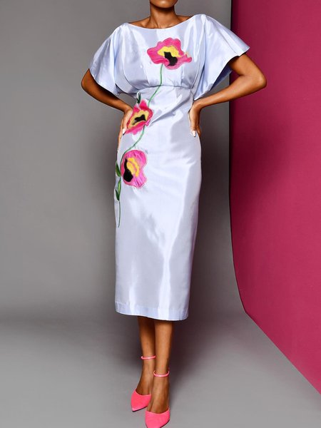 

Satin Crew Neck Floral Elegant Dress, As picture, Midi Dresses