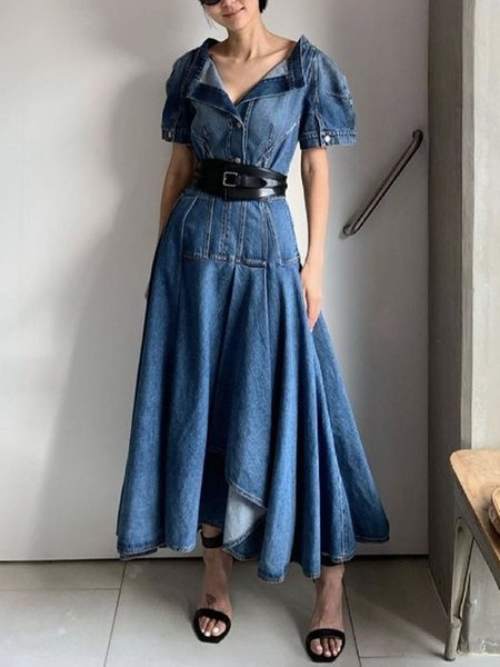 

Plain Shawl Collar Short sleeve Urban Denim Dress With No Belt, Blue, Maxi Dresses