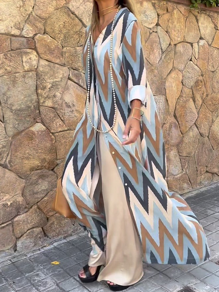 

Geometric Shirt Collar Long sleeve Urban Loose Long Blouse, As picture, Blouses and Shirts
