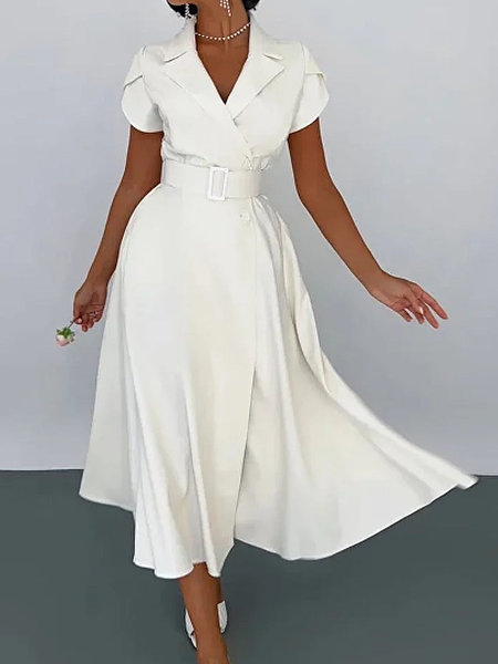 

Elegant Regular Fit Lapel Collar Short sleeve Midi Dress With Belt, White, Midi Dresses