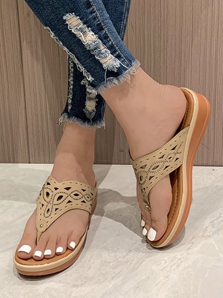 

Rhinestone Hollow Casual Wedge Flip Flops, Beige, Sandals
